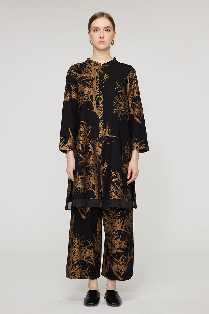 Conjunto de dos piernas anchas elegantes con estampado de hojas