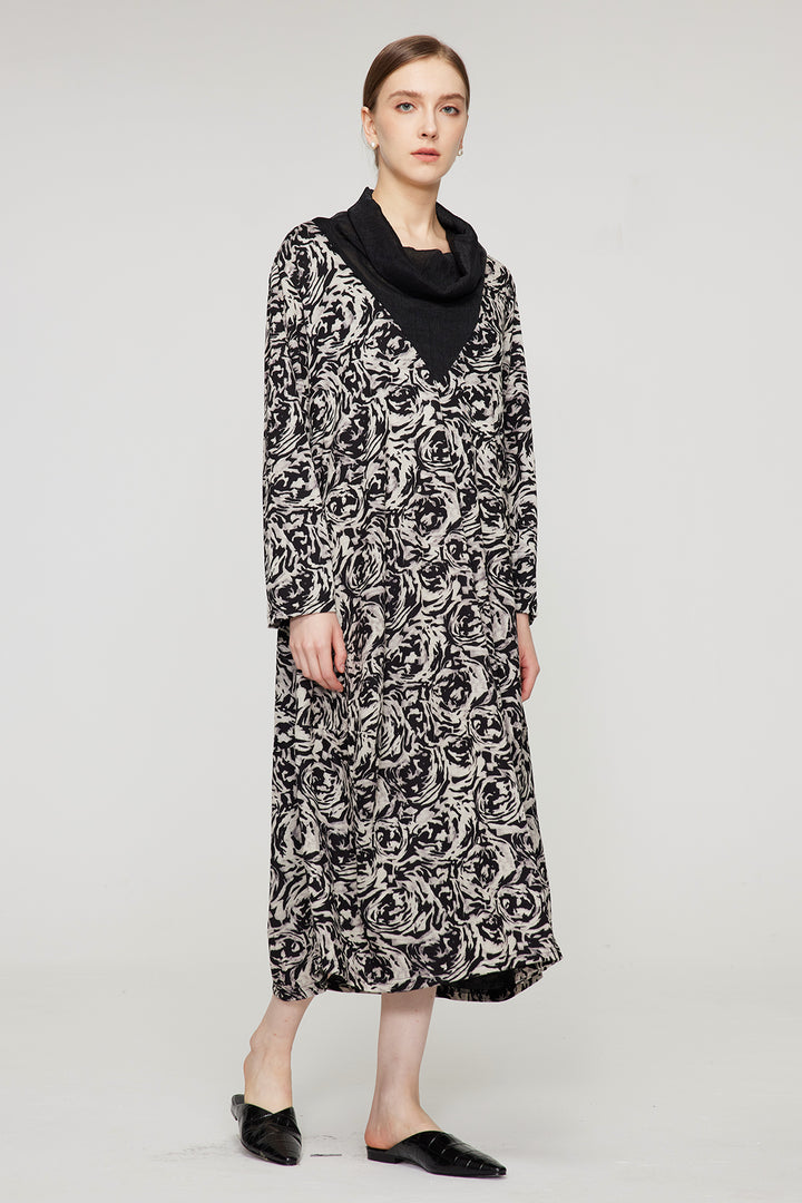 Splice Vestido Maxi Casual Preto Branco