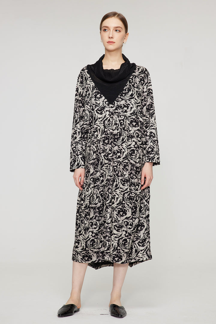 Splice Vestido Maxi Casual Preto Branco