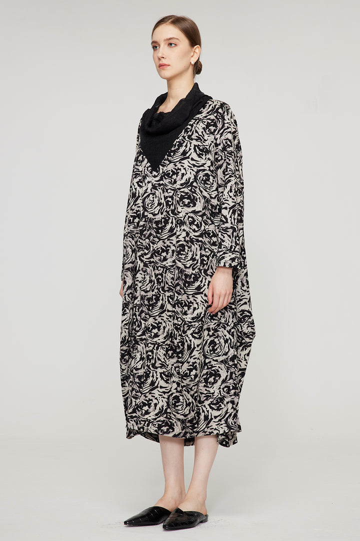 Splice Vestido Maxi Casual Preto Branco