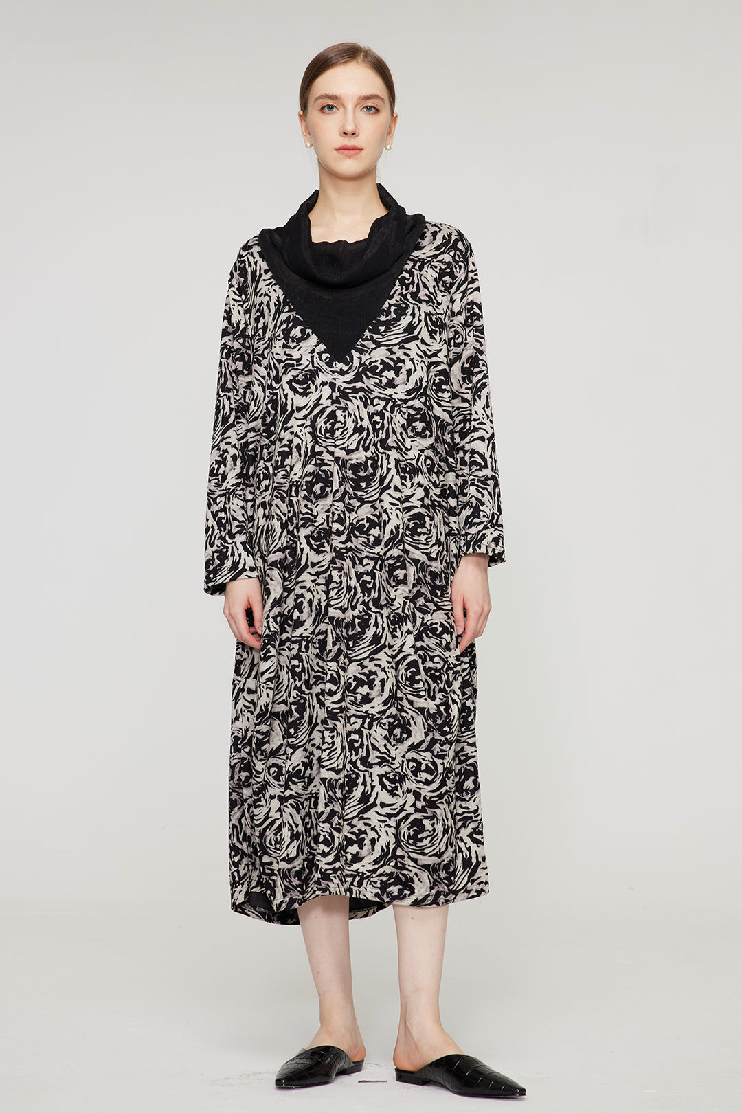 Splice Vestido Maxi Casual Preto Branco