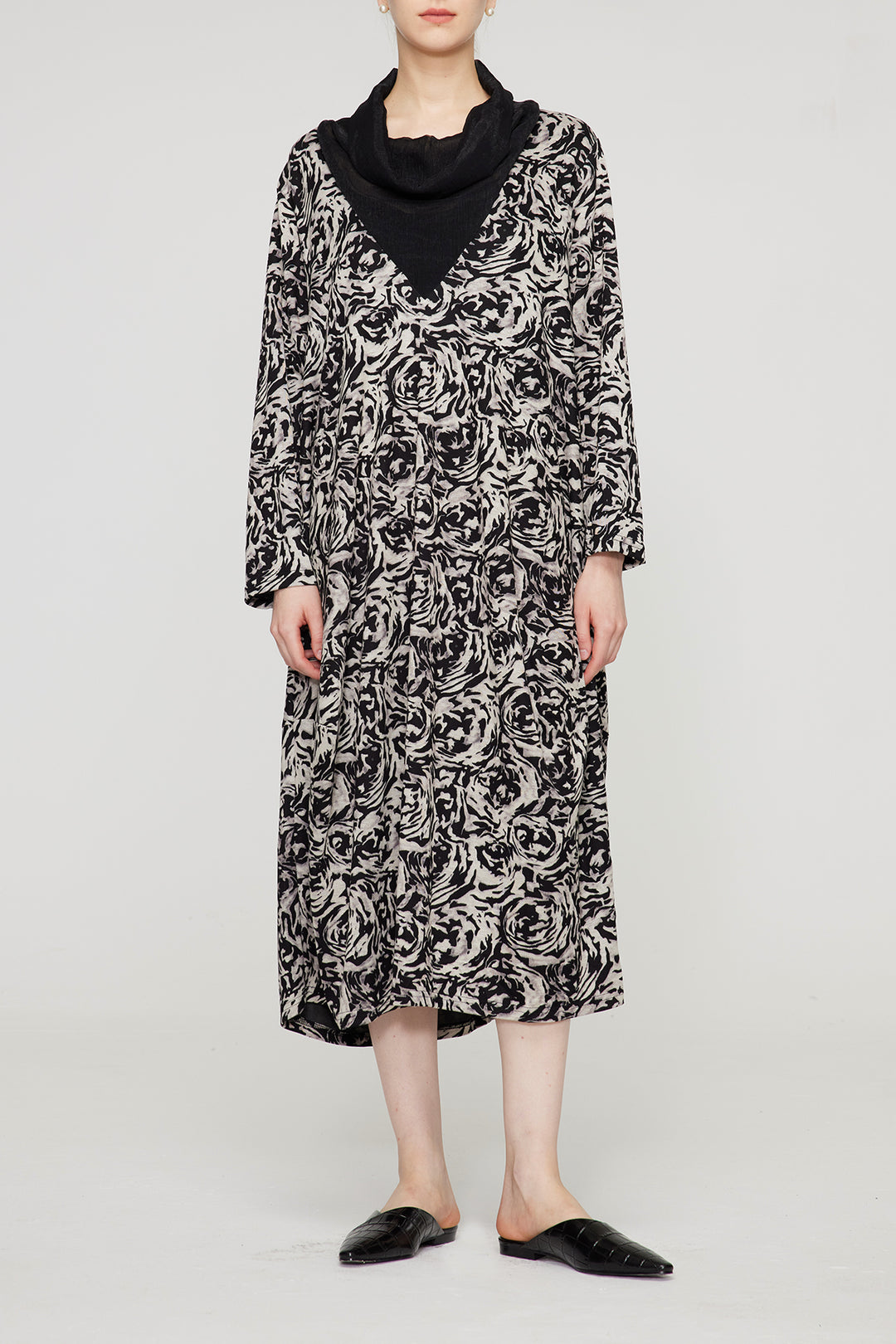 Splice Vestido Maxi Casual Preto Branco