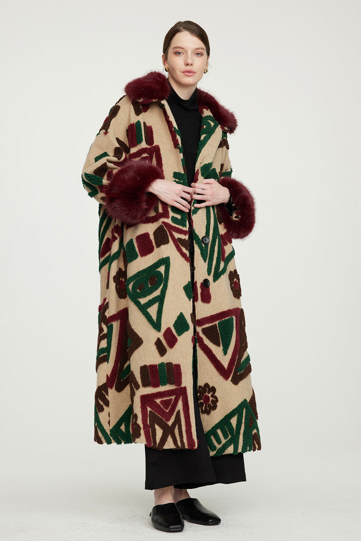 Abstract Faux Fur Wool Coat