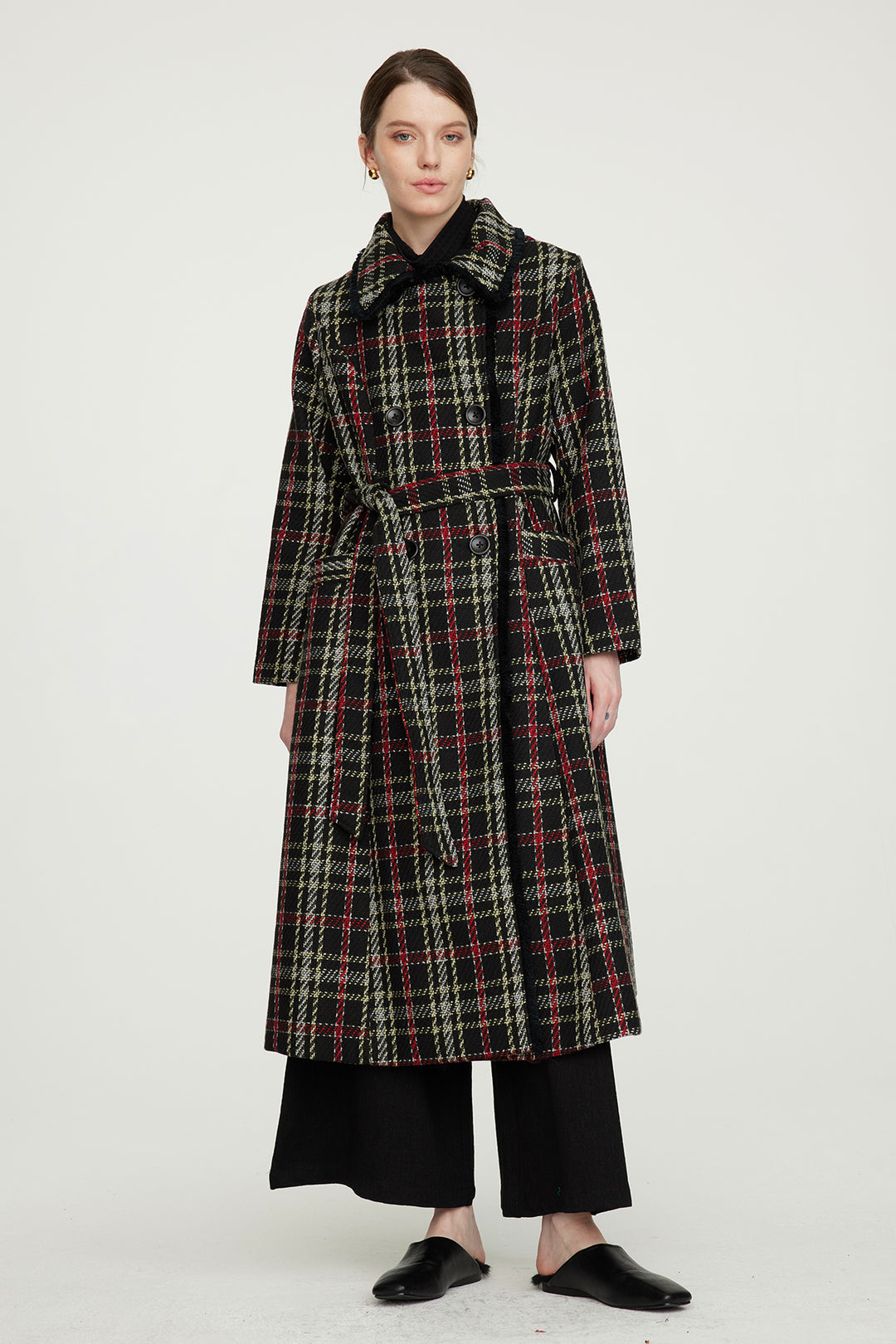 Casaco xadrez de lã com cintura fina