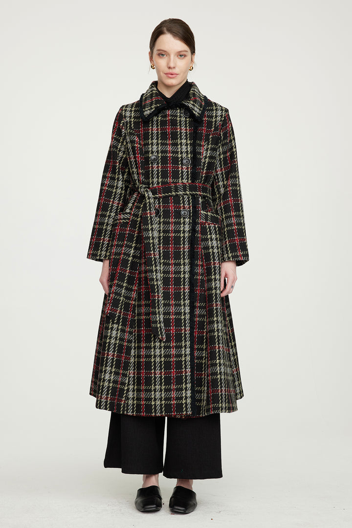 Casaco xadrez de lã com cintura fina