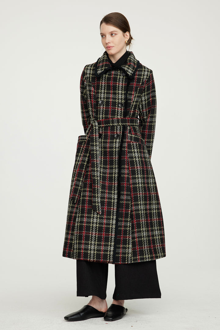 Casaco xadrez de lã com cintura fina