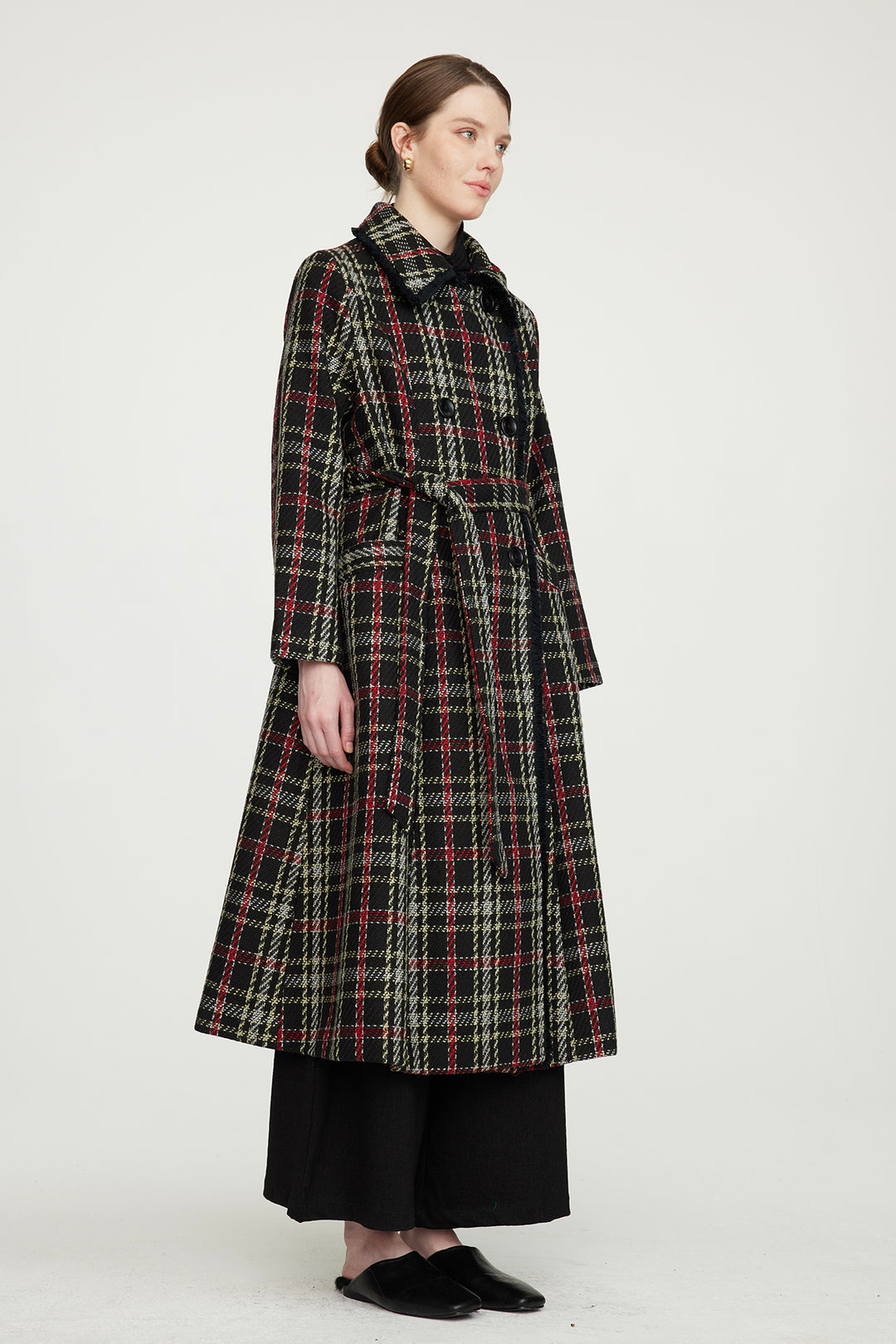 Casaco xadrez de lã com cintura fina