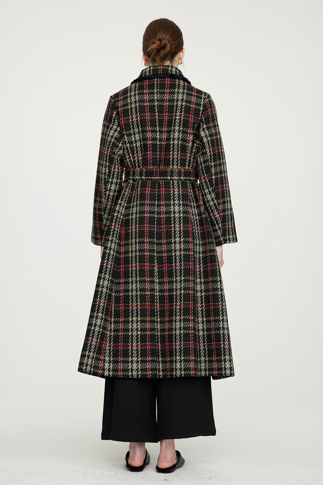 Casaco xadrez de lã com cintura fina