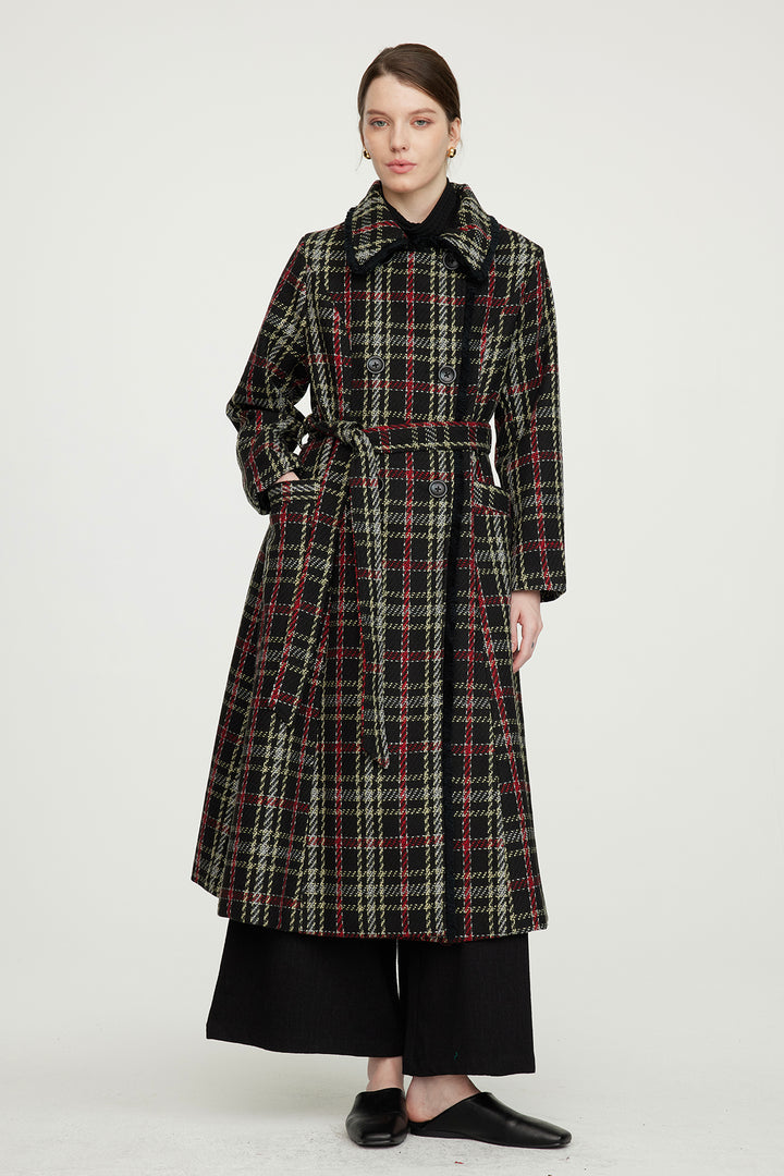Casaco xadrez de lã com cintura fina