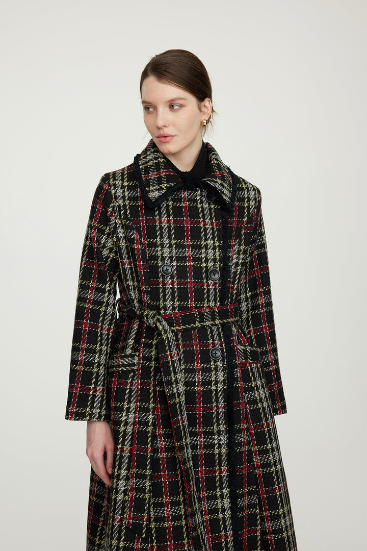 Casaco xadrez de lã com cintura fina