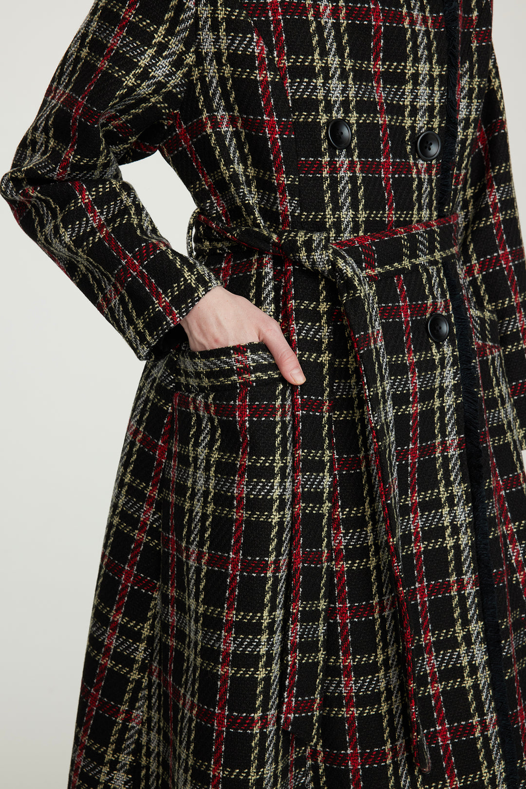 Casaco xadrez de lã com cintura fina