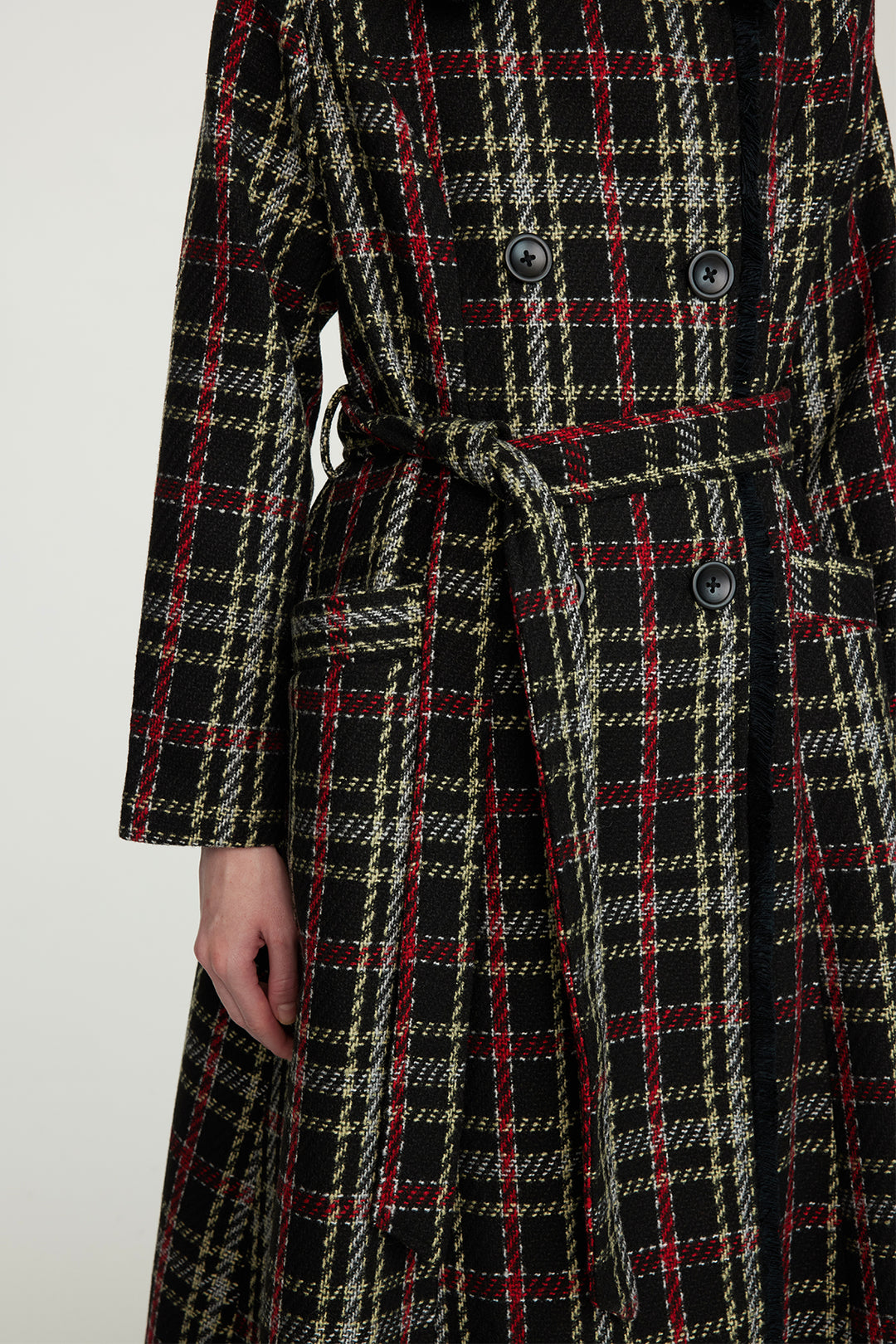Casaco xadrez de lã com cintura fina
