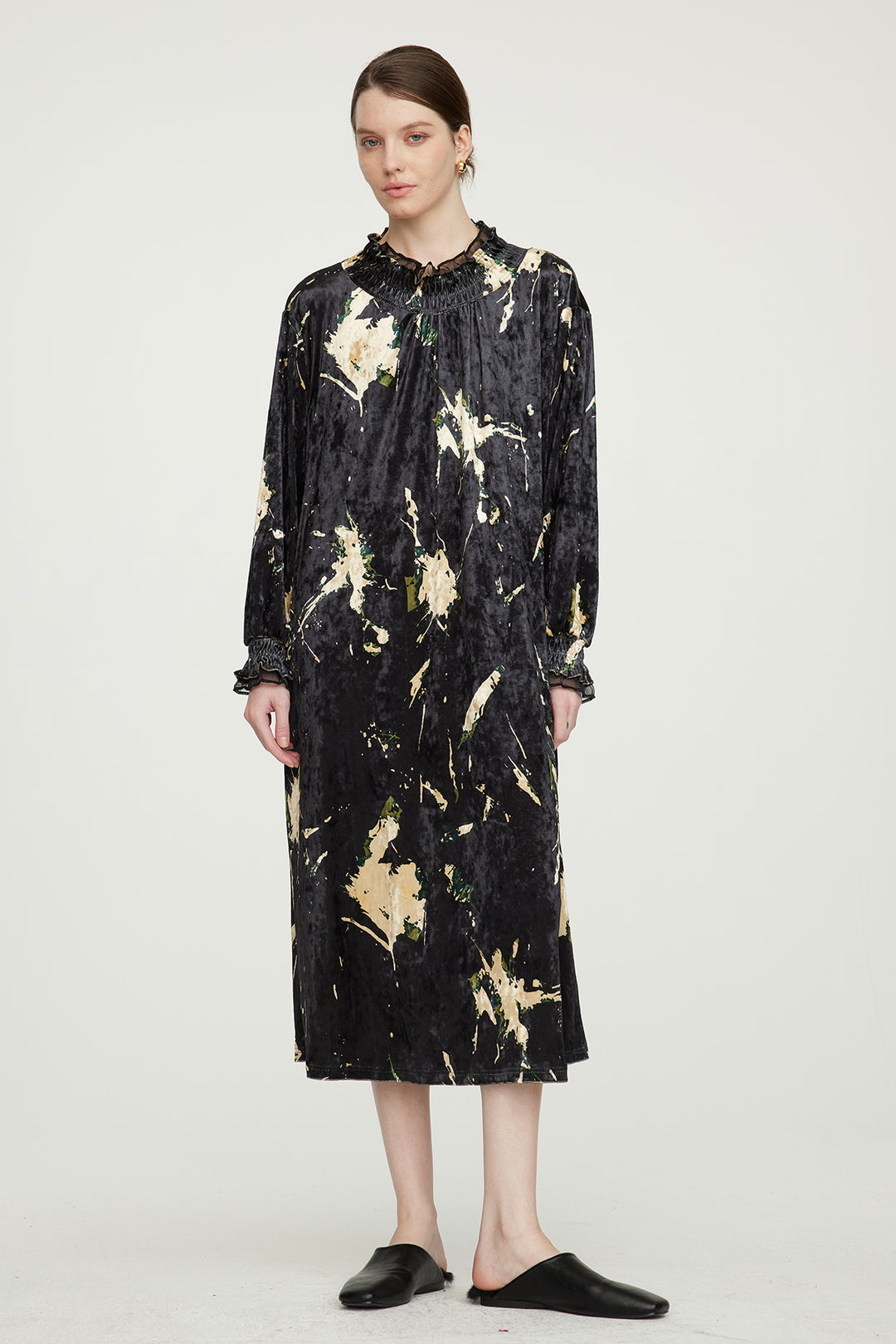 Vestido elegante de veludo HARRIS Mesh Splice preto