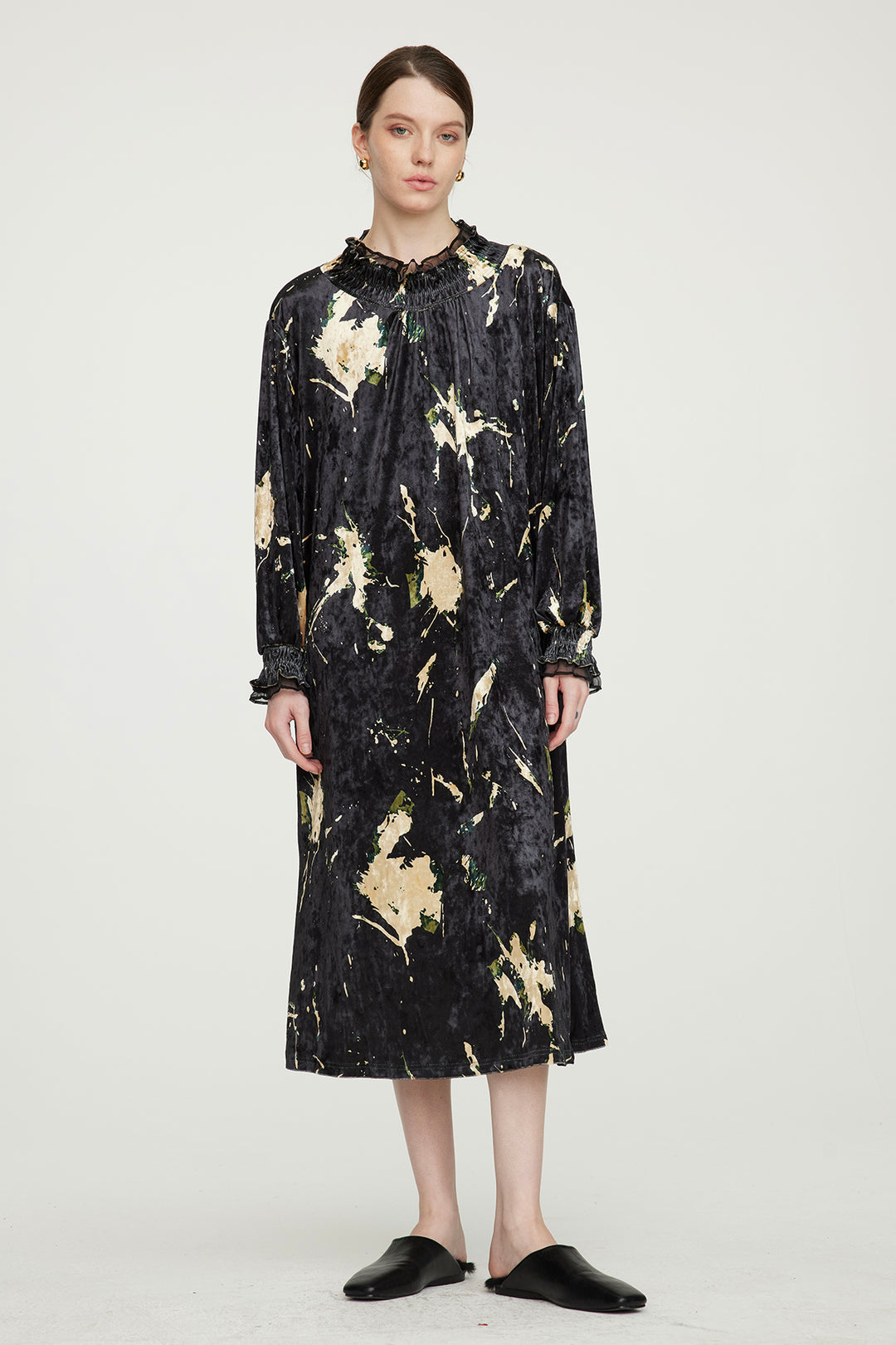 Vestido elegante de veludo HARRIS Mesh Splice preto