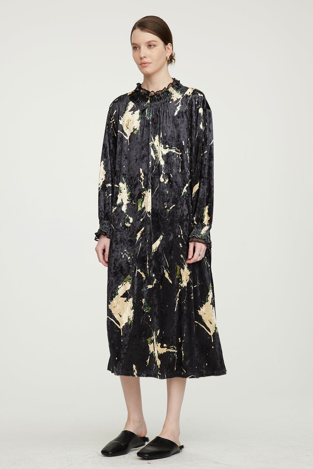 Vestido elegante de veludo HARRIS Mesh Splice preto