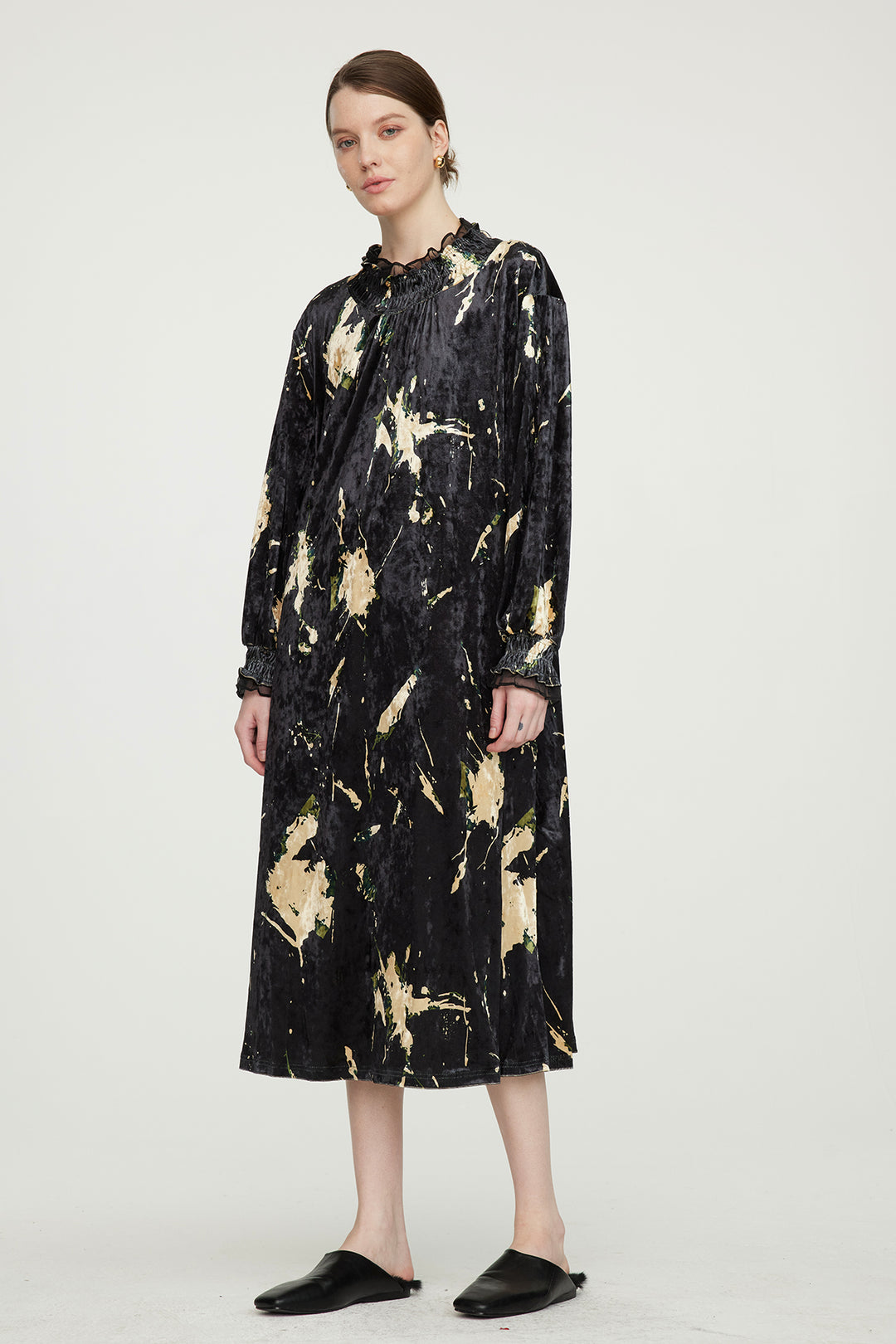 Vestido elegante de veludo HARRIS Mesh Splice preto