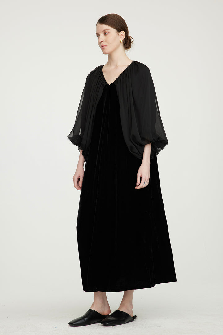 Robe en velours élégante à manches en maille et col en V