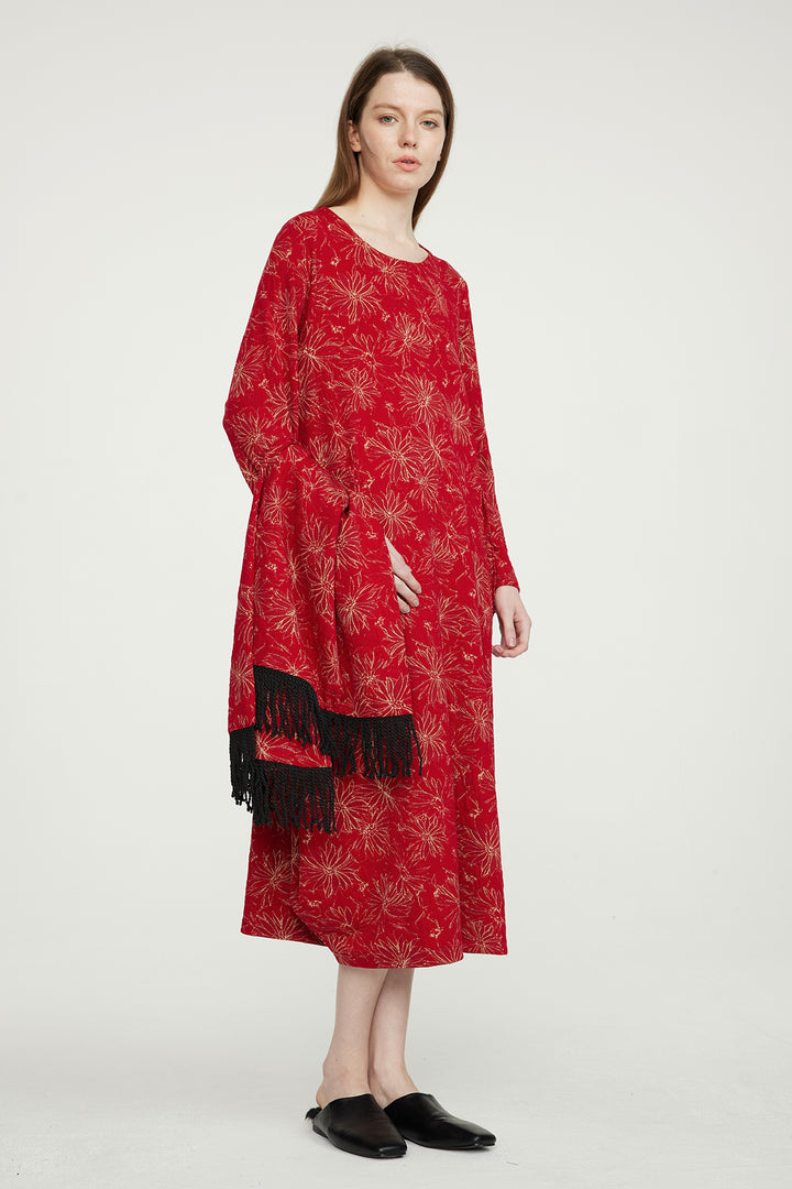 Red Embroidery Casual Dress With Scarf