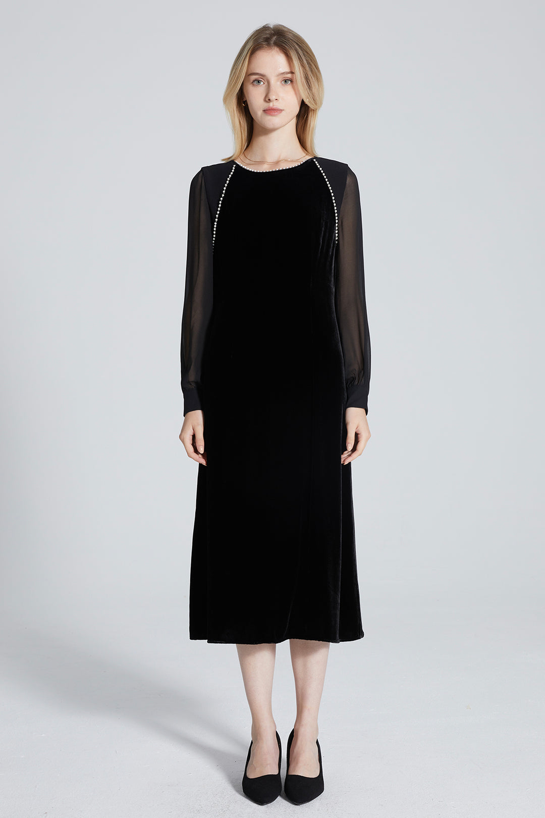 Nadia Pearl Mesh Sleeve Velvet Dress