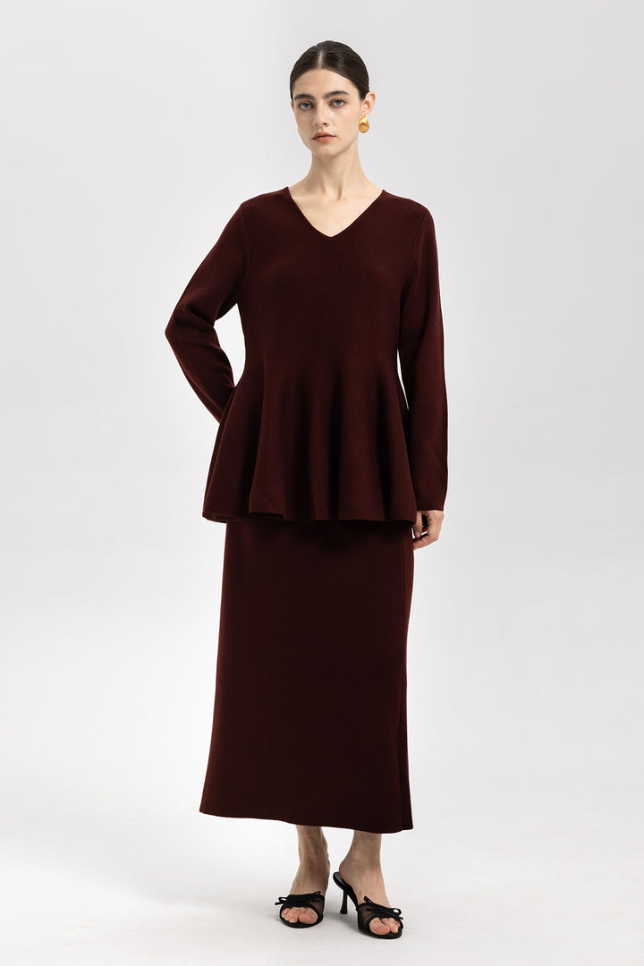 Iris Wool Peplum Burgundy Sweater & Midi Skirt Set