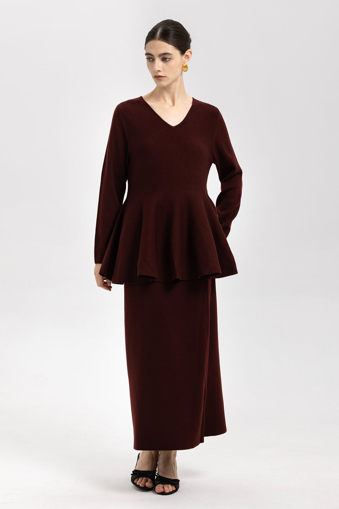 Iris Wool Peplum Burgundy Sweater & Midi Skirt Set