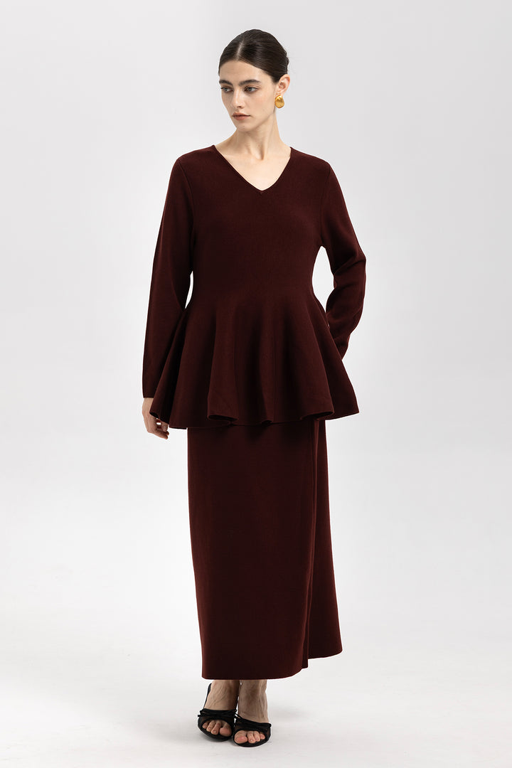 Iris Wool Peplum Burgundy Sweater & Midi Skirt Set
