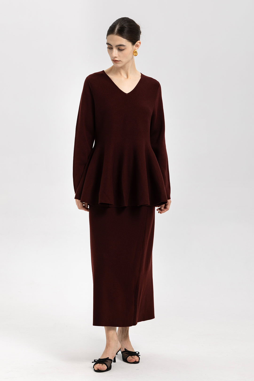Iris Wool Peplum Burgundy Sweater & Midi Skirt Set