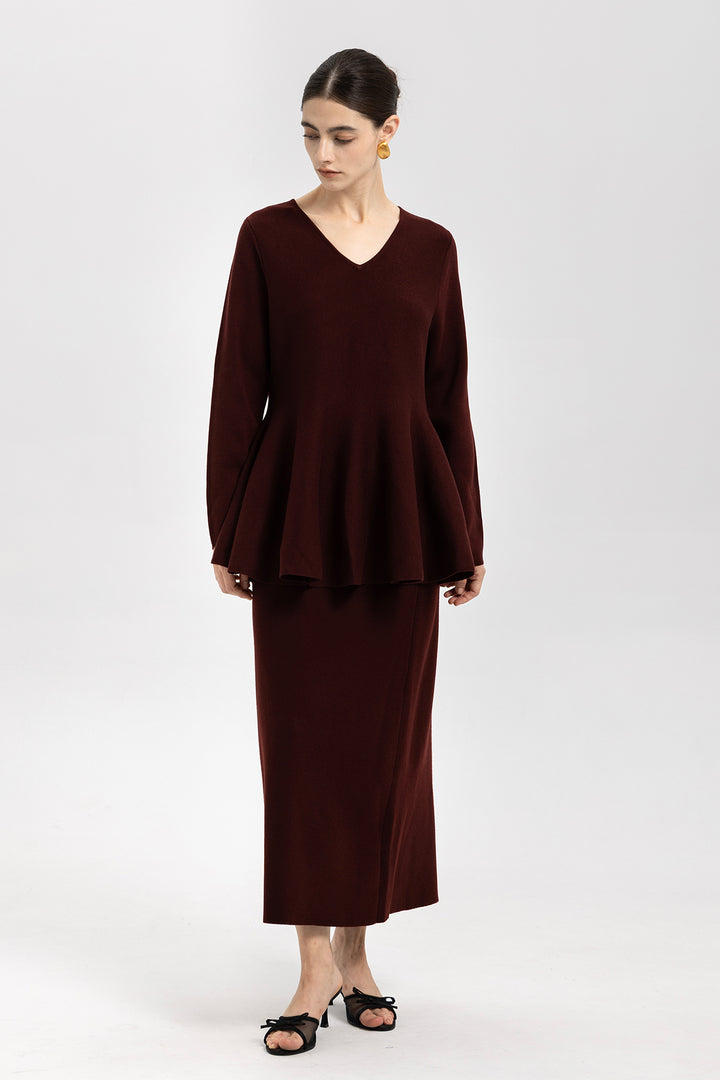 Iris Wool Peplum Burgundy Sweater & Midi Skirt Set