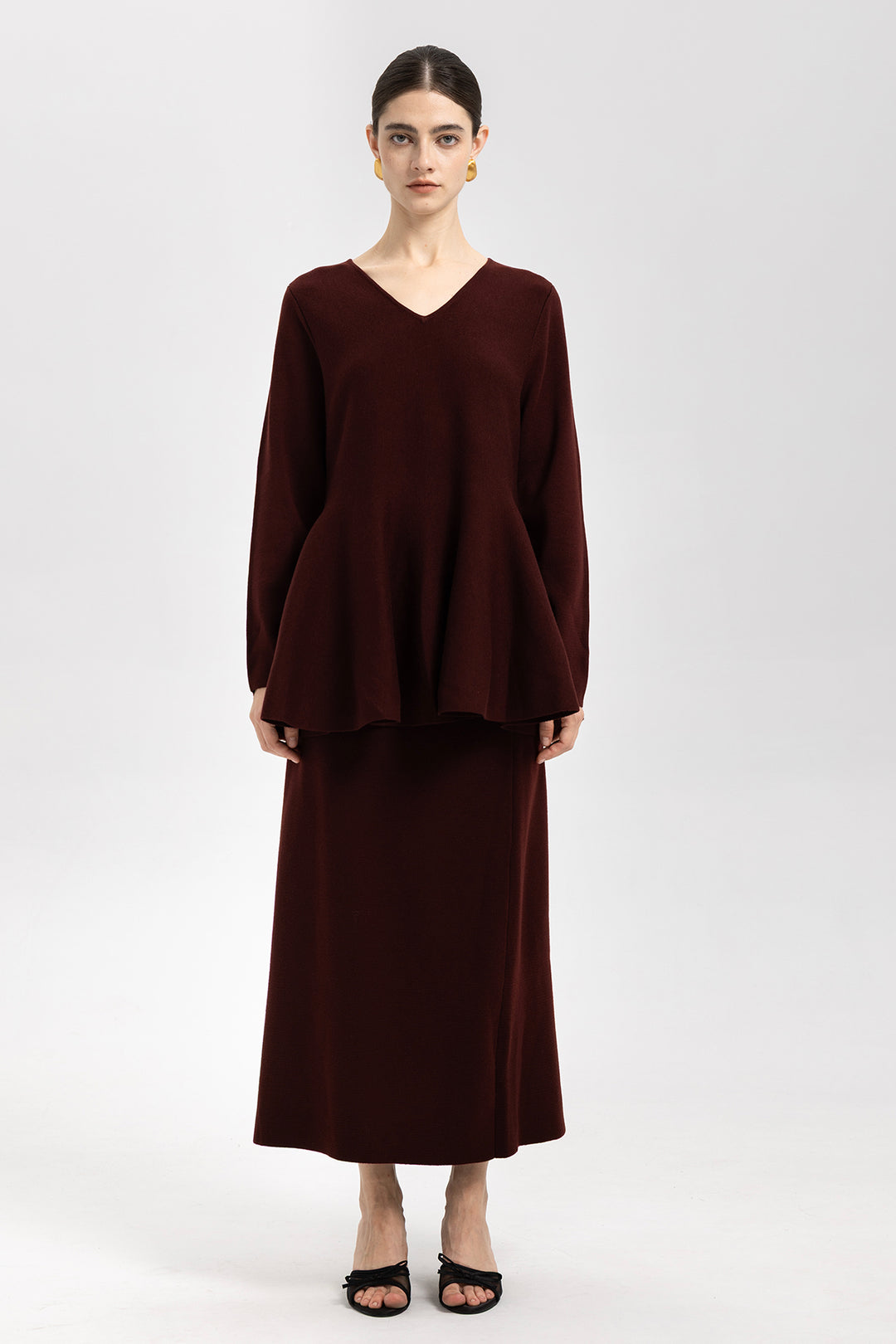 Iris Wool Peplum Burgundy Sweater & Midi Skirt Set