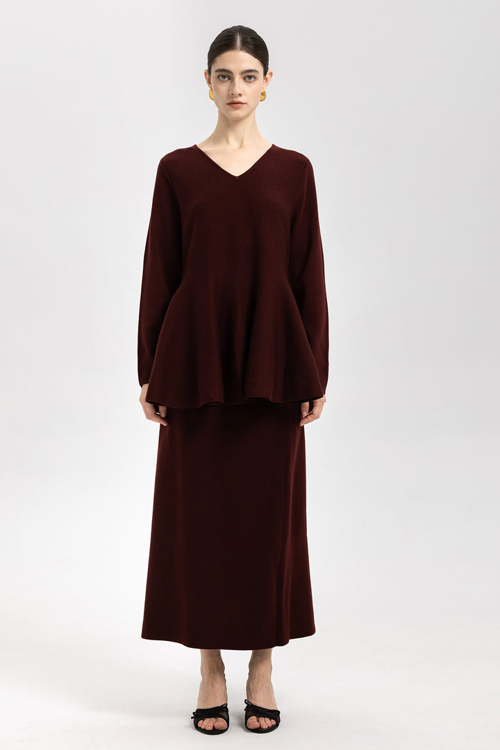 Iris Wool Peplum Burgundy Sweater & Midi Skirt Set