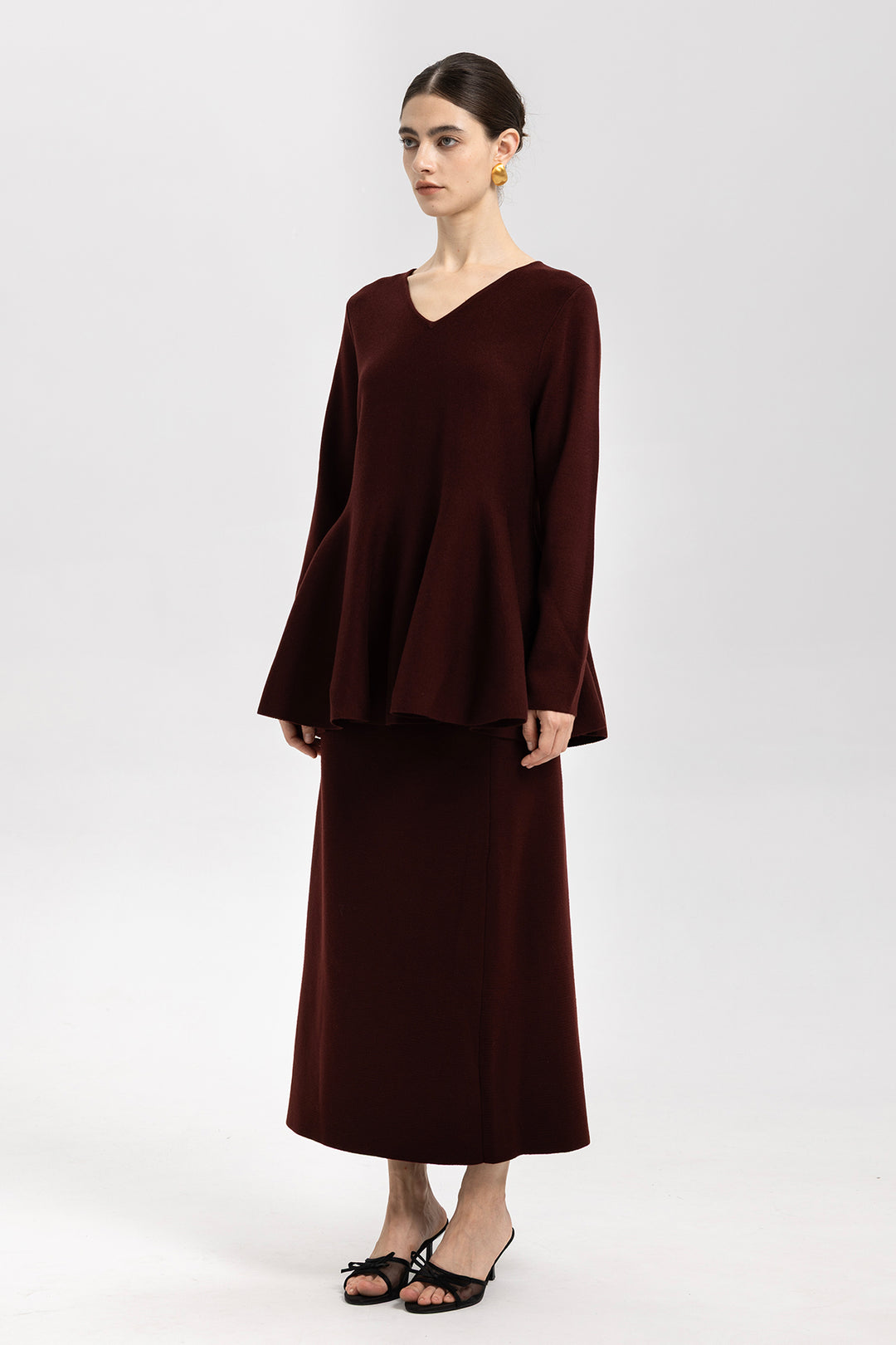 Iris Wool Peplum Burgundy Sweater & Midi Skirt Set