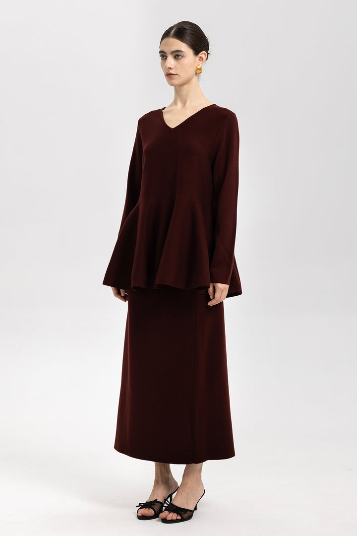 Iris Wool Peplum Burgundy Sweater & Midi Skirt Set