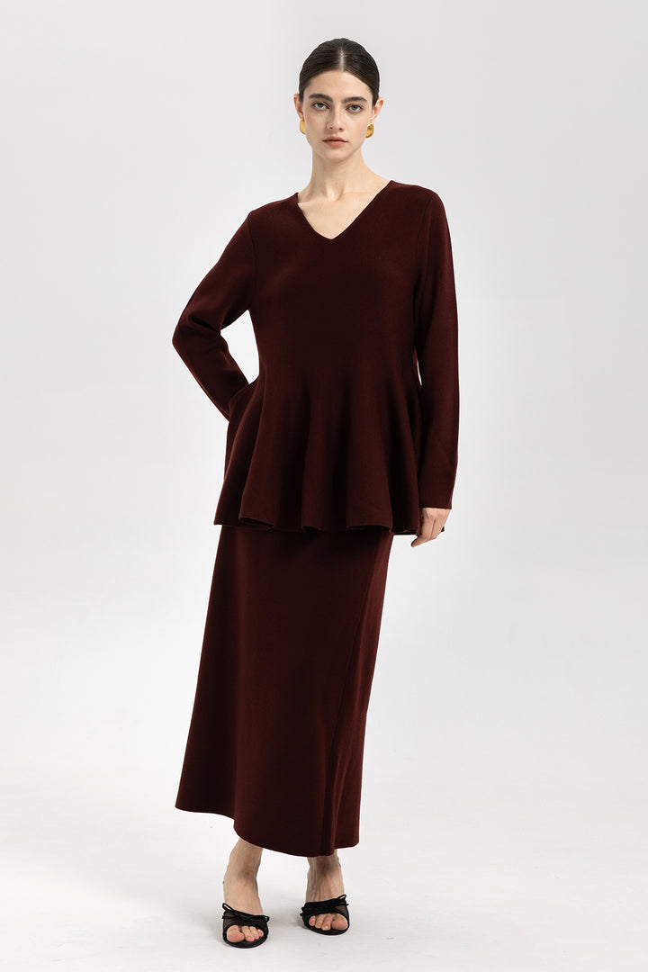 Iris Wool Peplum Burgundy Sweater & Midi Skirt Set