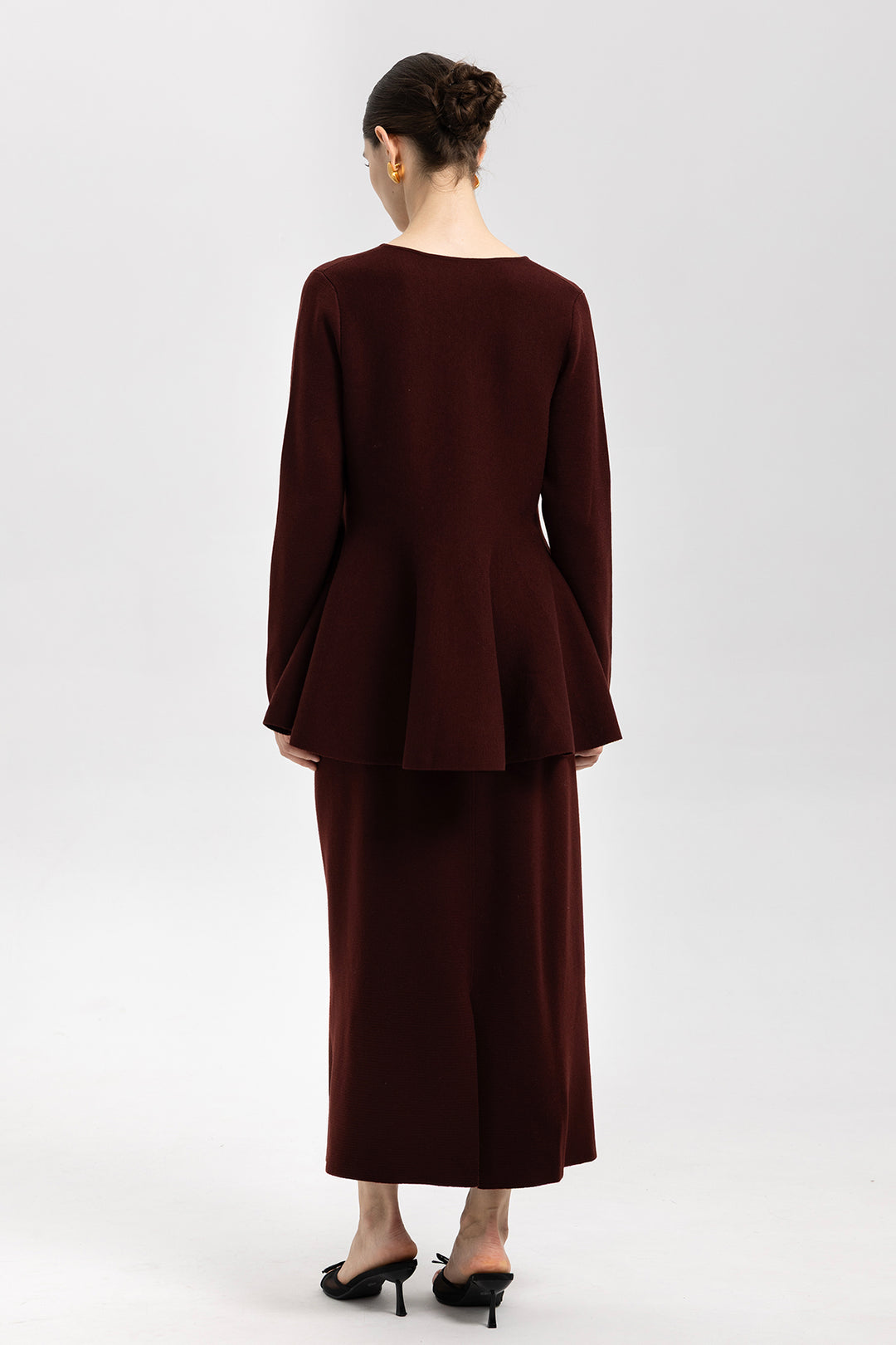 Iris Wool Peplum Burgundy Sweater & Midi Skirt Set