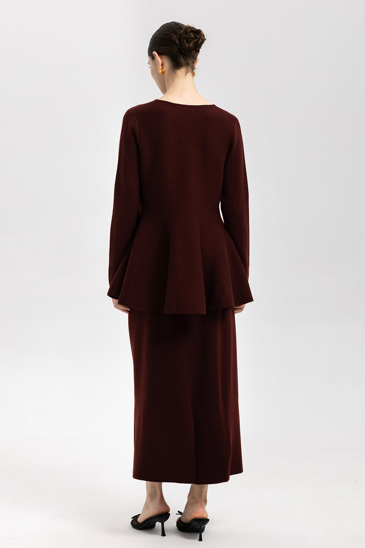 Iris Wool Peplum Burgundy Sweater & Midi Skirt Set