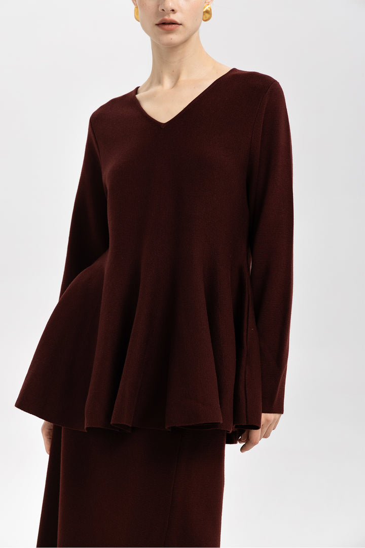 Iris Wool Peplum Burgundy Sweater & Midi Skirt Set