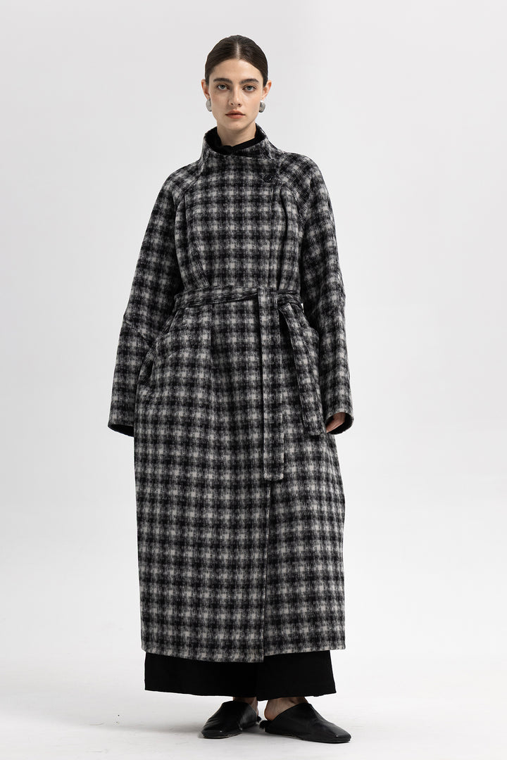 Maeve Wool Plaid Wrap Long Coat