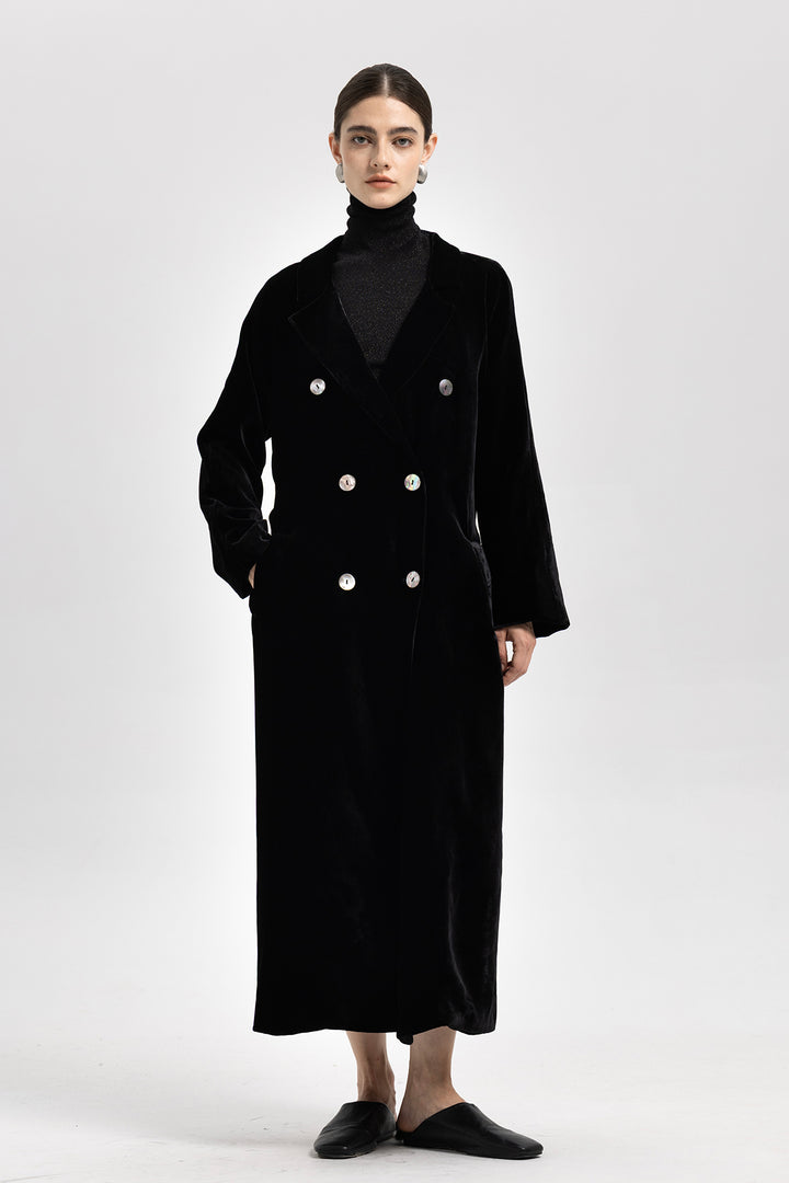 NOA Silk Velvet Double Breasted Trench-Style Coat