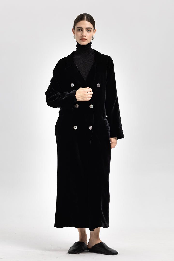NOA Silk Velvet Double Breasted Trench-Style Coat