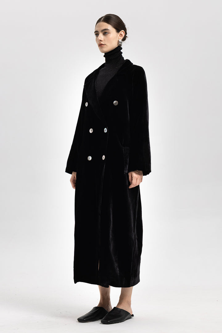 NOA Silk Velvet Double Breasted Trench-Style Coat