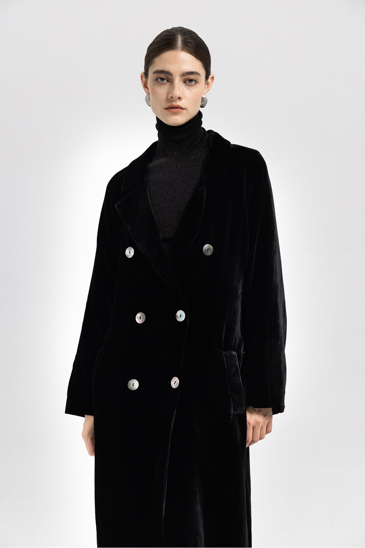 NOA Silk Velvet Double Breasted Trench-Style Coat