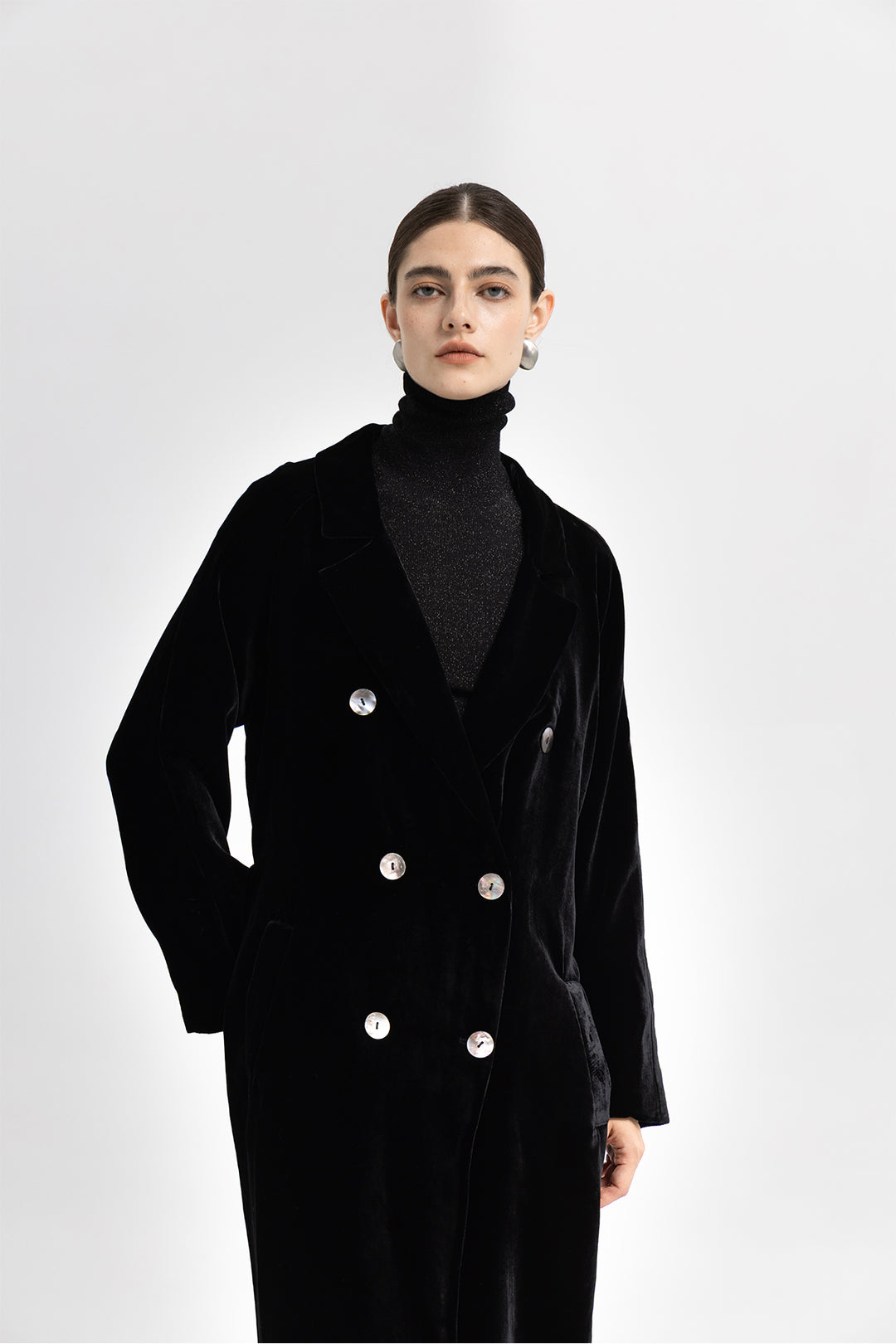 NOA Silk Velvet Double Breasted Trench-Style Coat