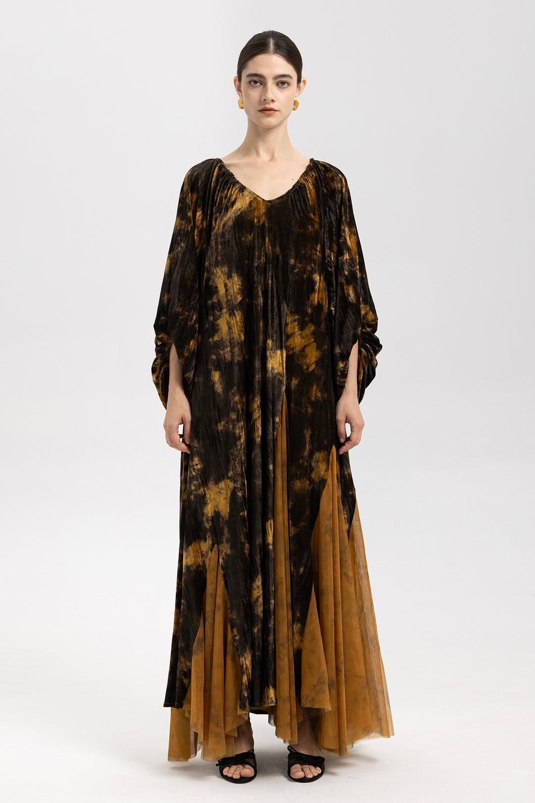 Amber Smoke Velvet Mesh Splice Maxi Dress