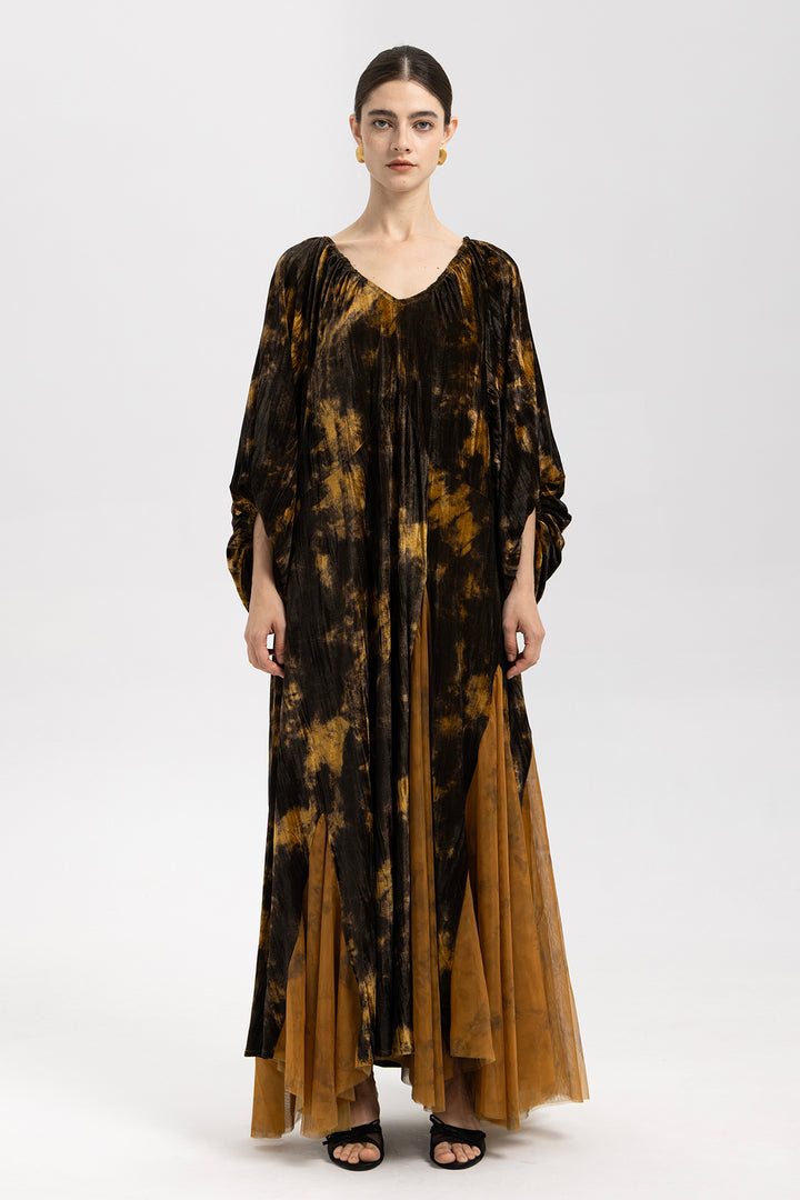 Amber Smoke Velvet Mesh Splice Maxi Dress