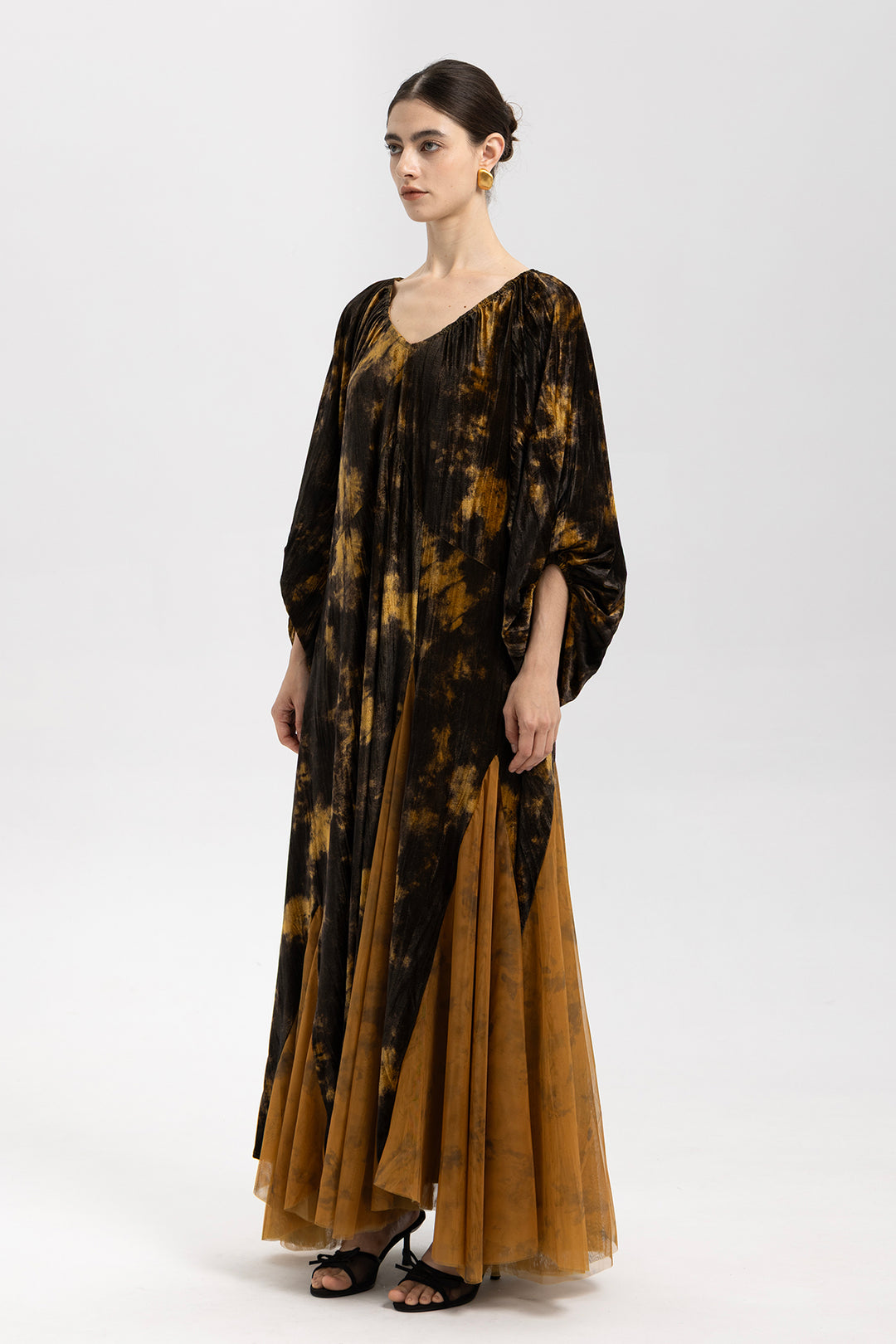 Amber Smoke Velvet Mesh Splice Maxi Dress