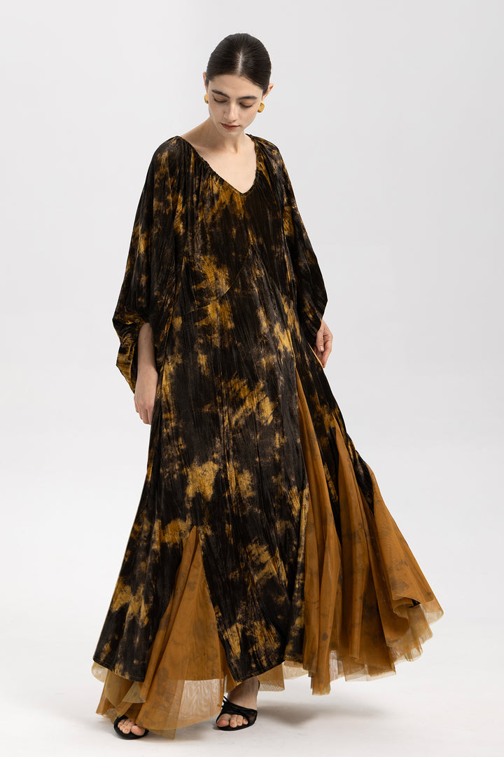 Amber Smoke Velvet Mesh Splice Maxi Dress