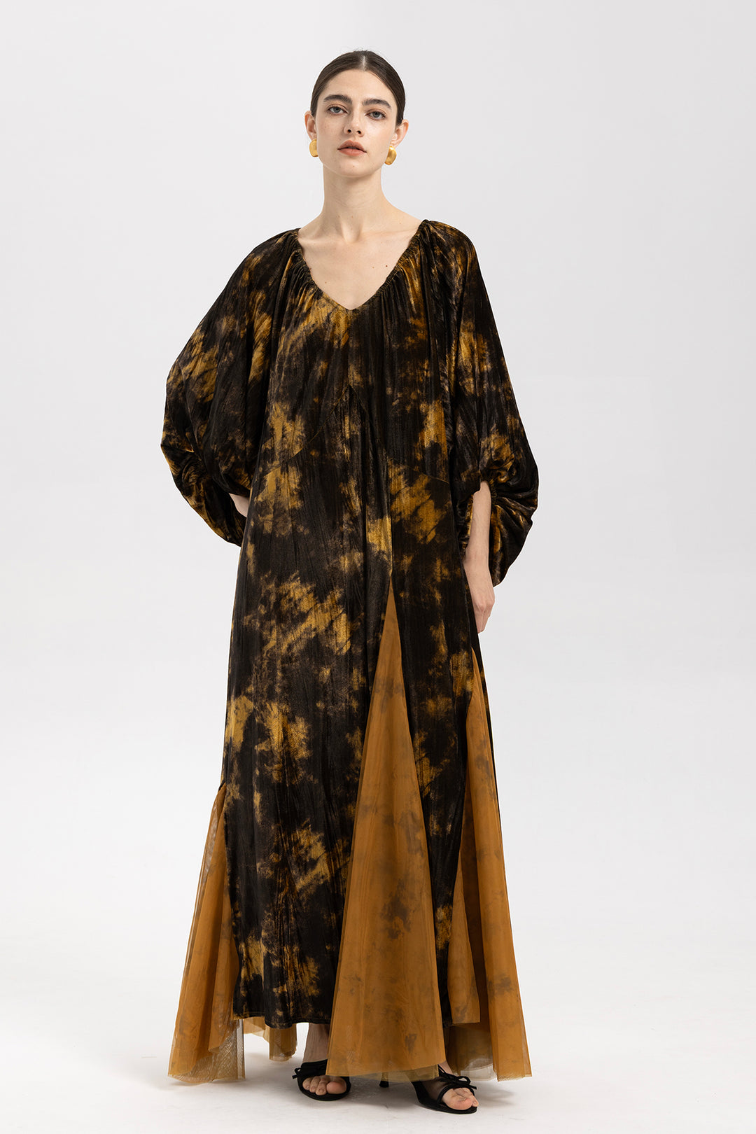 Amber Smoke Velvet Mesh Splice Maxi Dress
