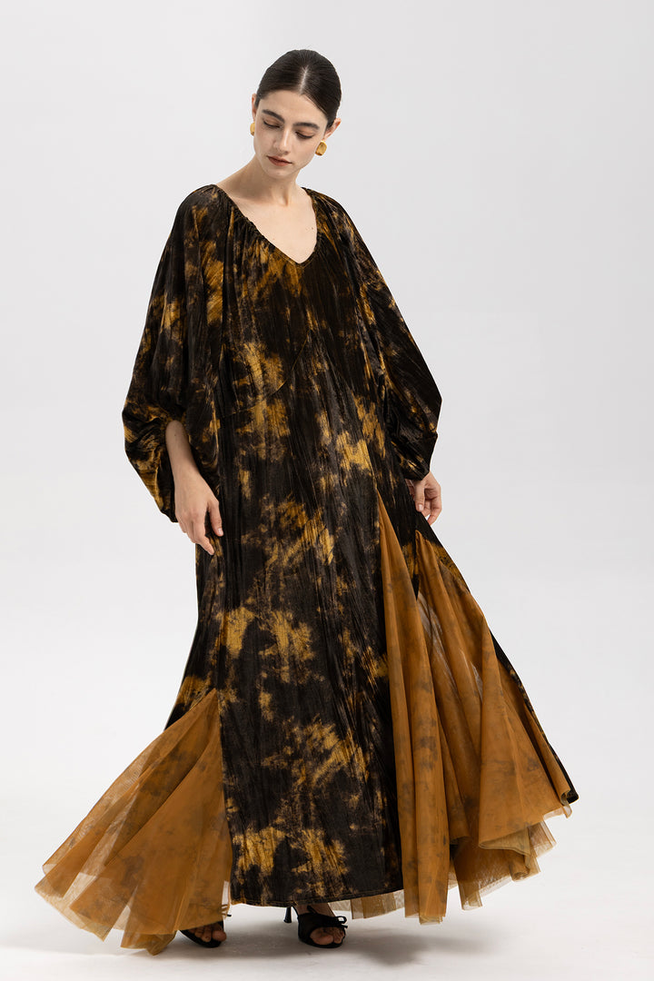 Amber Smoke Velvet Mesh Splice Maxi Dress