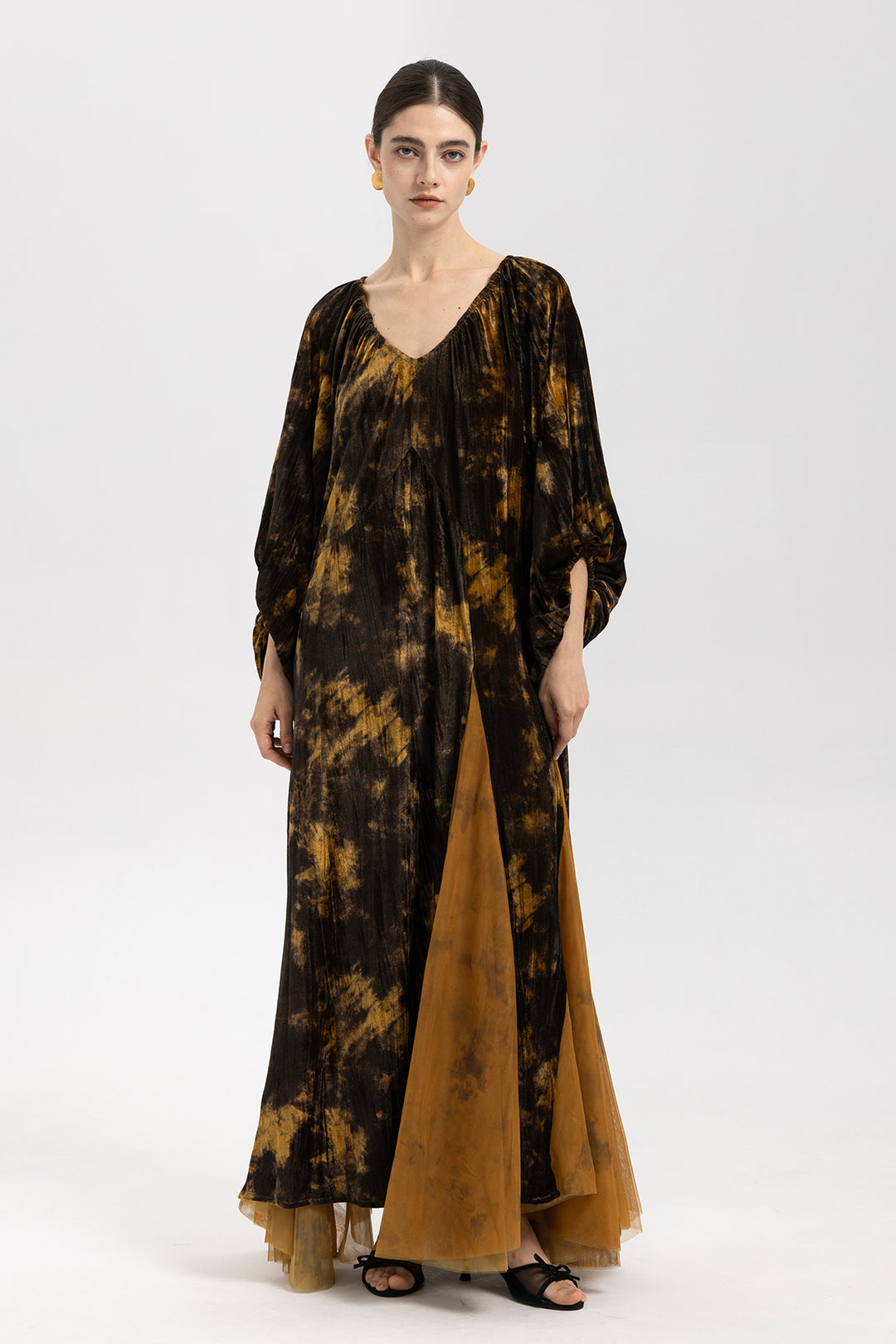 Amber Smoke Velvet Mesh Splice Maxi Dress