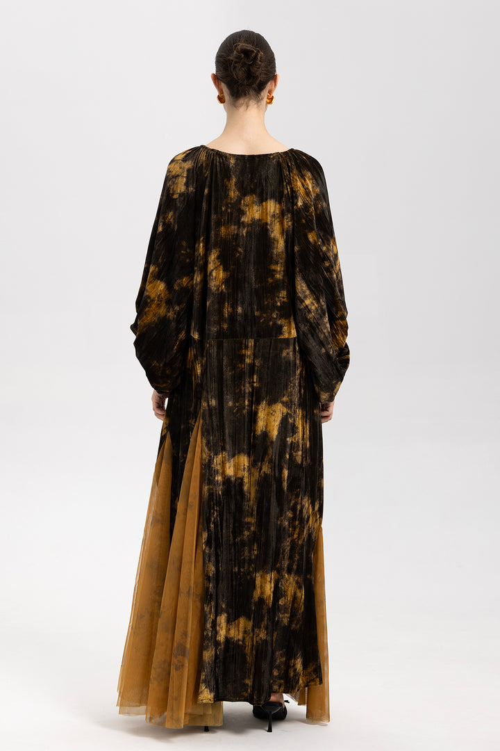 Amber Smoke Velvet Mesh Splice Maxi Dress